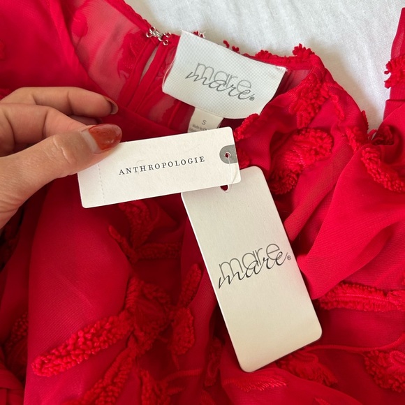 Anthropologie Mare Mare Textured Red Floral Embroidered Dress with Belt - Picture 5 of 7